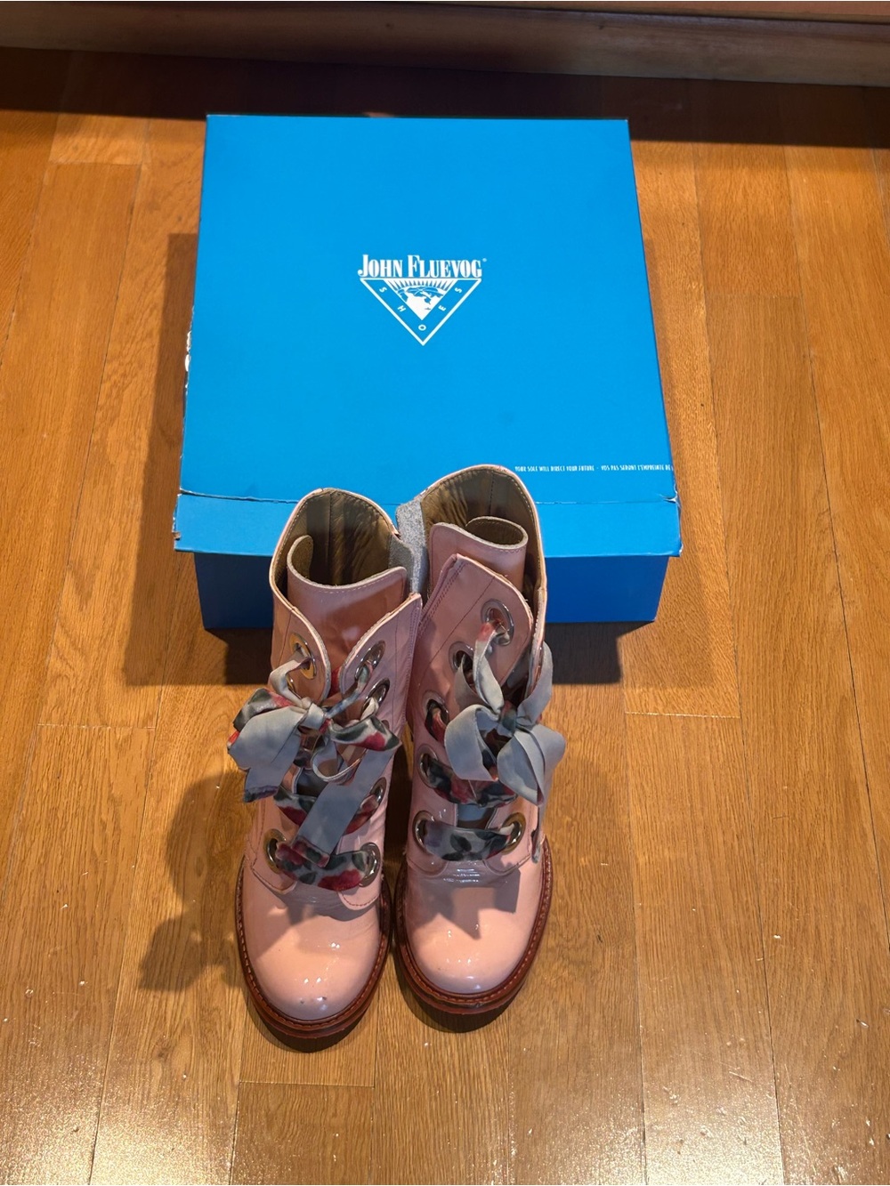 John Fluevog Pink Patent Lace-Up Mid-Heel Ankle Boot - Picture 2 of 3